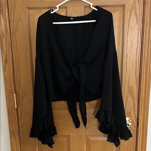 Black Tie-Front Bell Sleeve Top